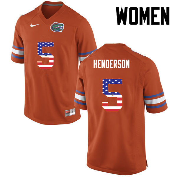 Women Florida Gators #5 CJ Henderson College Football USA Flag Fashion Jerseys-Orange - Click Image to Close